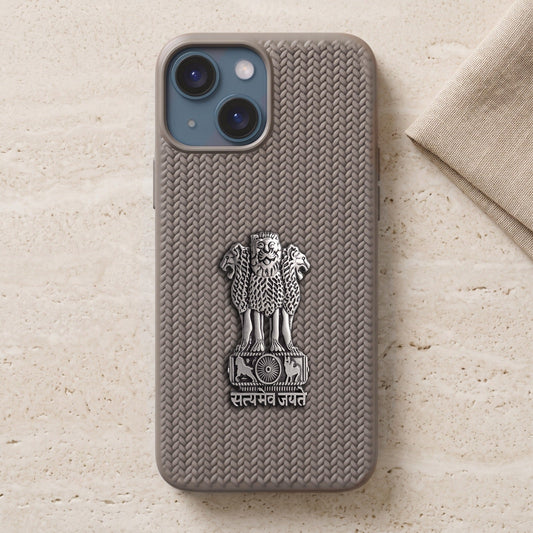 iPhone 14 Series Knit Pattern Metal Satyamev Jayate Silicone Case