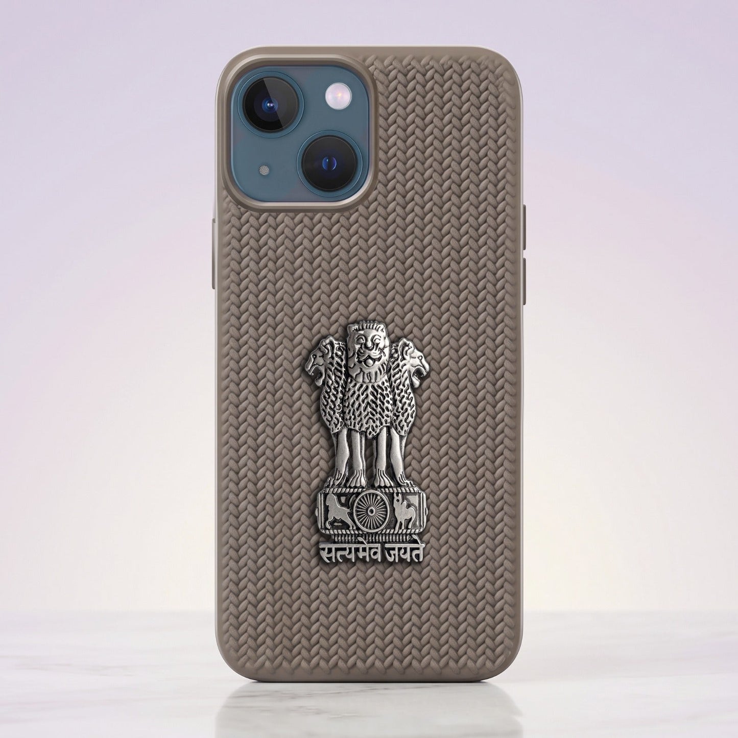 iPhone 14 Series Knit Pattern Metal Satyamev Jayate Silicone Case