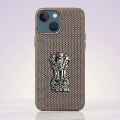 iPhone 14 Series Knit Pattern Metal Satyamev Jayate Silicone Case