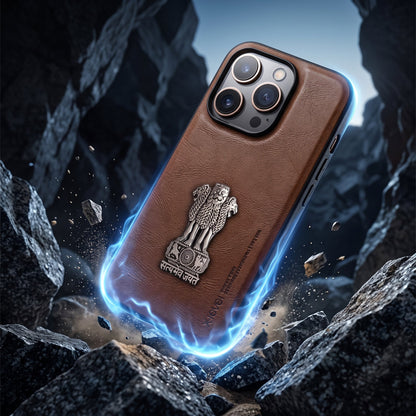 iPhone 14 Series 5G Heritage Soft Leather with Metal Satyamev Jayate Emblem Case