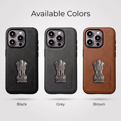 iPhone 14 Series 5G Heritage Soft Leather with Metal Satyamev Jayate Emblem Case