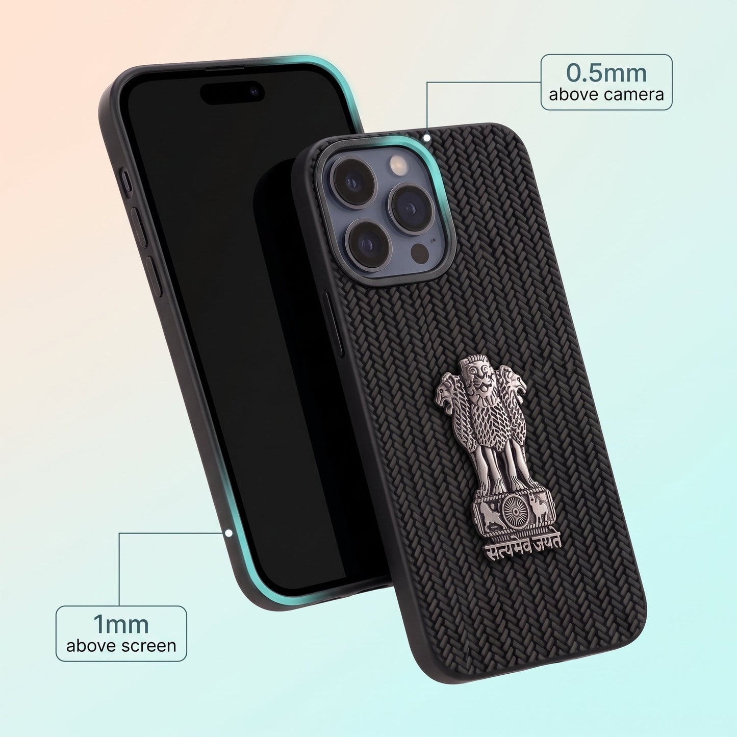 iPhone 13 Series Knit Pattern Metal Satyamev Jayate Silicone Case