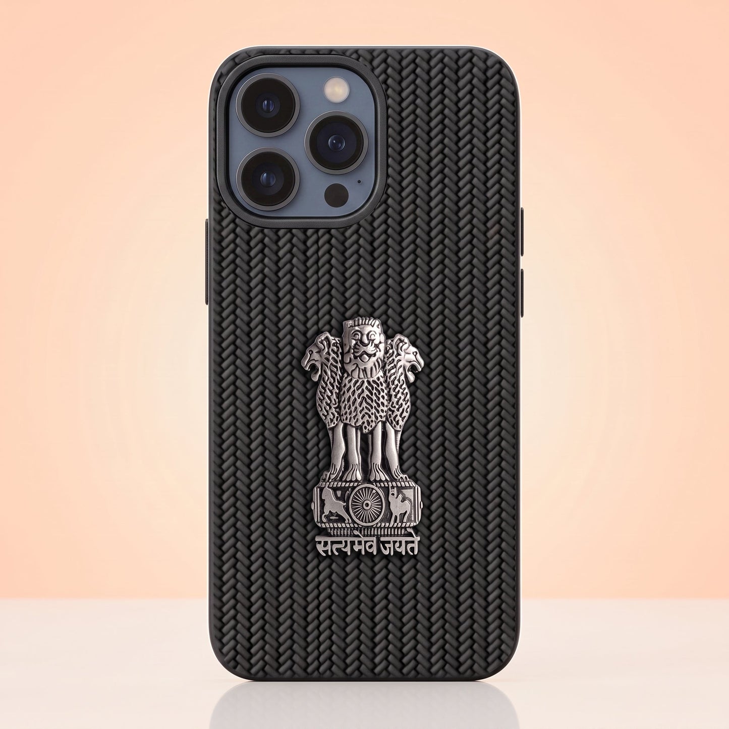 iPhone 13 Series Knit Pattern Metal Satyamev Jayate Silicone Case