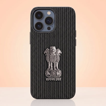 iPhone 13 Series Knit Pattern Metal Satyamev Jayate Silicone Case