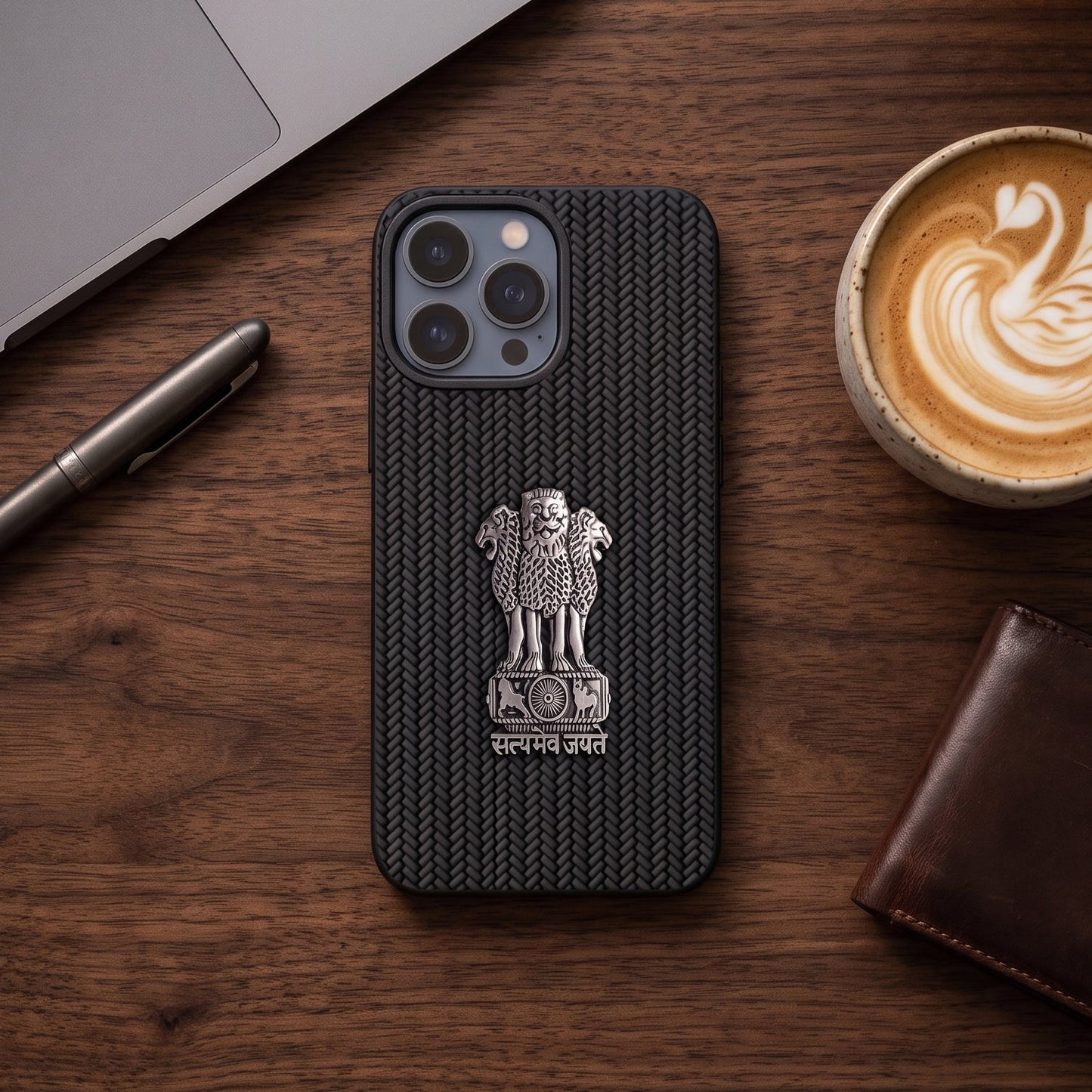 iPhone 13 Series Knit Pattern Metal Satyamev Jayate Silicone Case